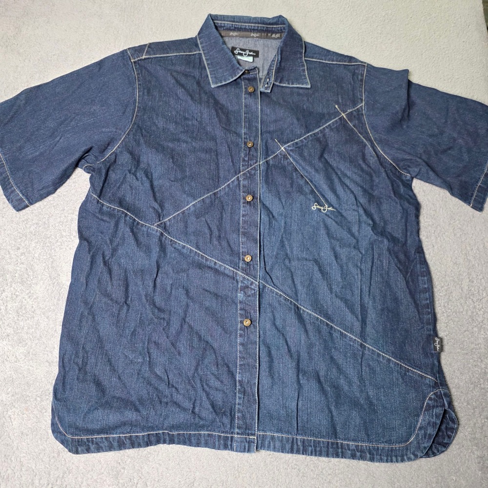 Sean John Mens XXL Short Sleeve Denim Shirt Blue Contrast Stitch Streetwear